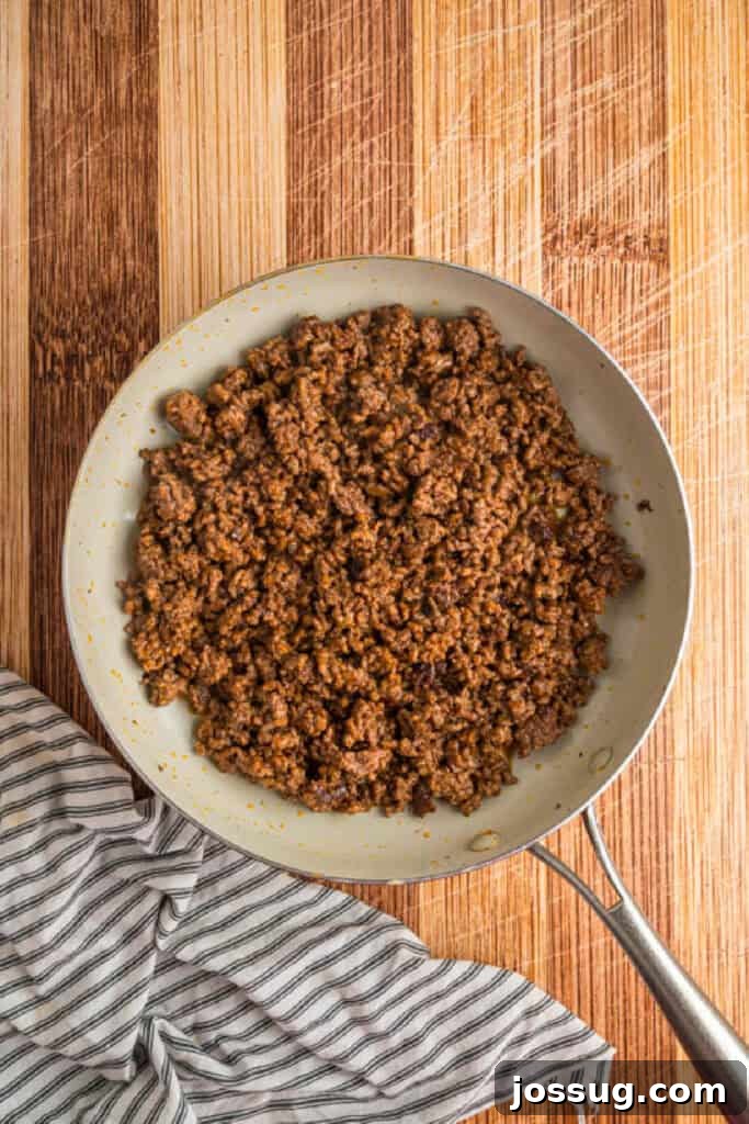 Seasoned ground beef cooked and ready for assembling Crunchwraps