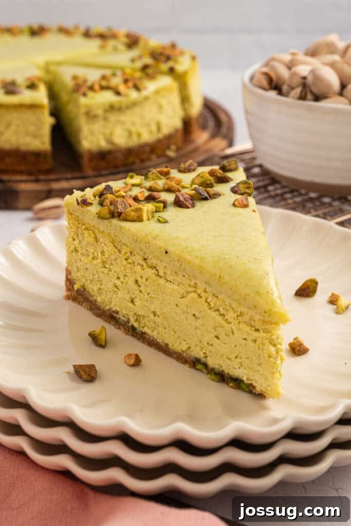 Pistachio Cheesecake with White Chocolate-Pistachio Ganache 2 Close-up Pistachio Cheesecake slice showing creamy filling, crust, and chopped pistachio topping