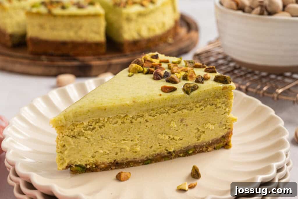 Pistachio Cheesecake with White Chocolate-Pistachio Ganache 4 Slice of Pistachio Cheesecake with pistachio ganache and chopped pistachios on a plate