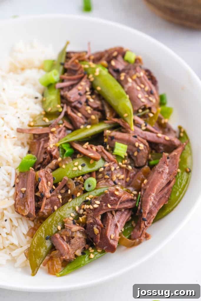 Slow Cooker Asian Pot Roast with Ginger Soy Glaze 2 Close-up of tender shredded Asian pot roast with snap peas, green onions, sesame seeds, and white rice