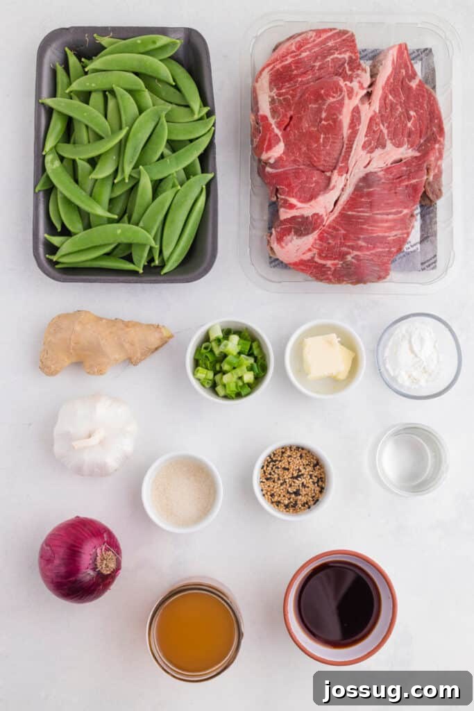 Slow Cooker Asian Pot Roast with Ginger Soy Glaze 3 Ingredients for Slow Cooker Asian Pot Roast including chuck roast, snap peas, ginger, garlic, onion, soy sauce, beef stock, and seasonings