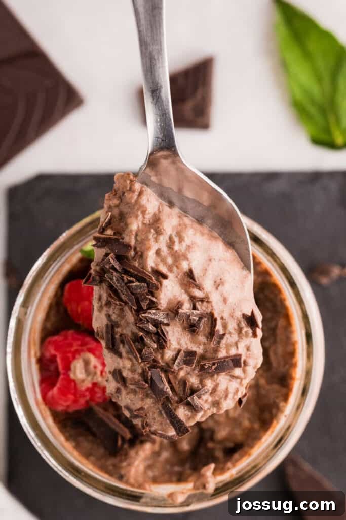 Creamy Chocolate Chia Pudding Recipe 11 Spoonful of thick Chocolate Chia Pudding topped with dark chocolate over a glass jar with raspberries