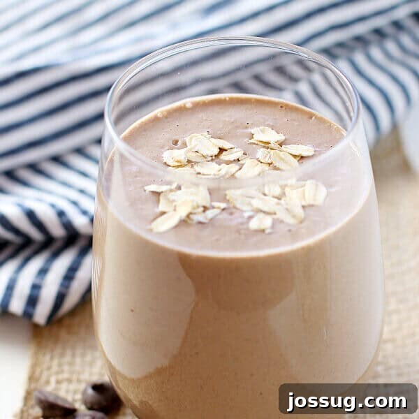 Creamy Chocolate Chia Pudding Recipe 14 Chocolate Peanut Butter Oatmeal Smoothie in a glass.