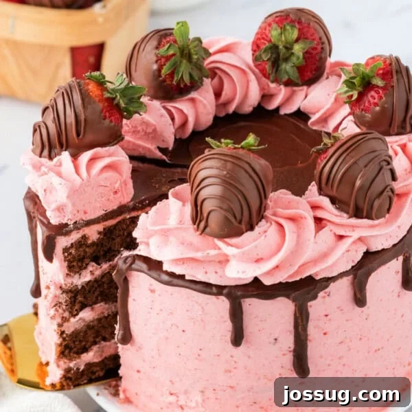 Creamy Chocolate Chia Pudding Recipe 16 Close-up of a chocolate strawberry cake with pink strawberry buttercream, chocolate ganache drip, and chocolate-covered strawberries on top.