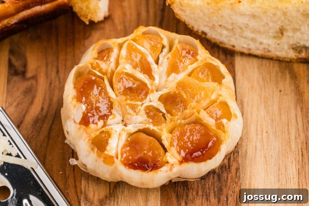 Roasted garlic bulb with soft golden cloves served alongside toasted garlic bread